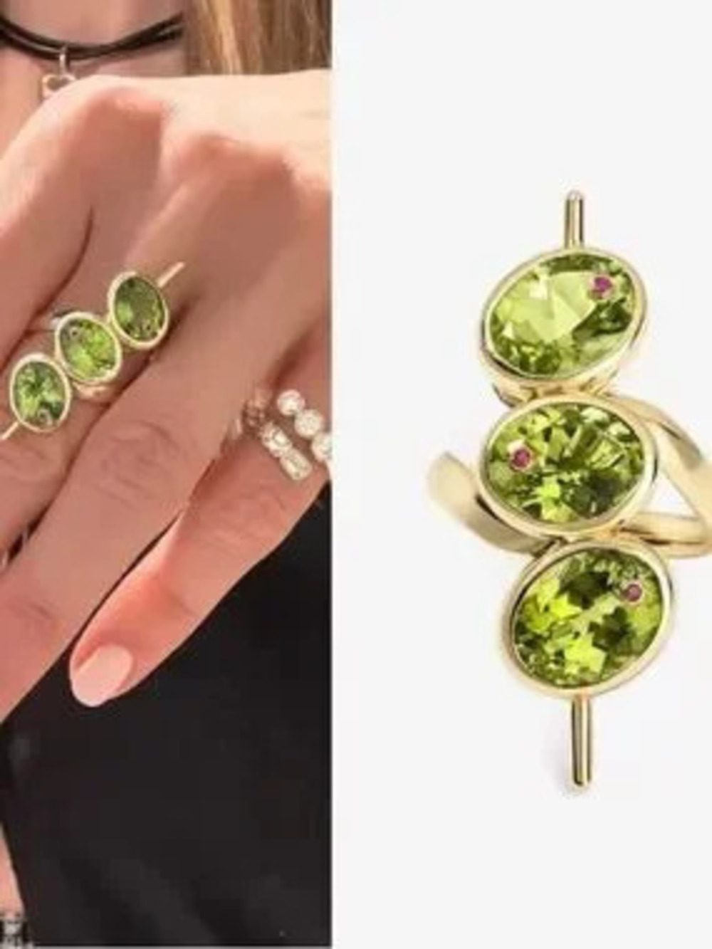Gold Ring with Three Peridot Green Stones